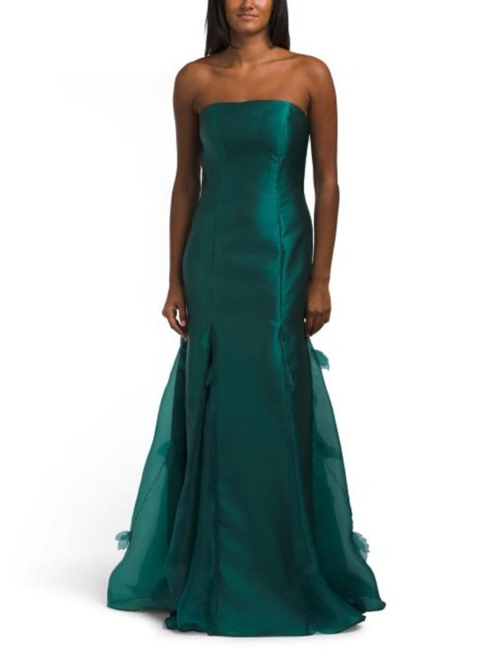 TERANI COUTURE Strapless Feather Embellished Gown
